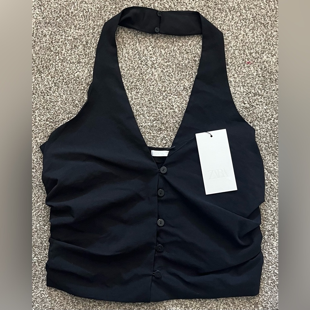 NWT Zara Black Deep V Halter Button Crop Top - Picture 3 of 4